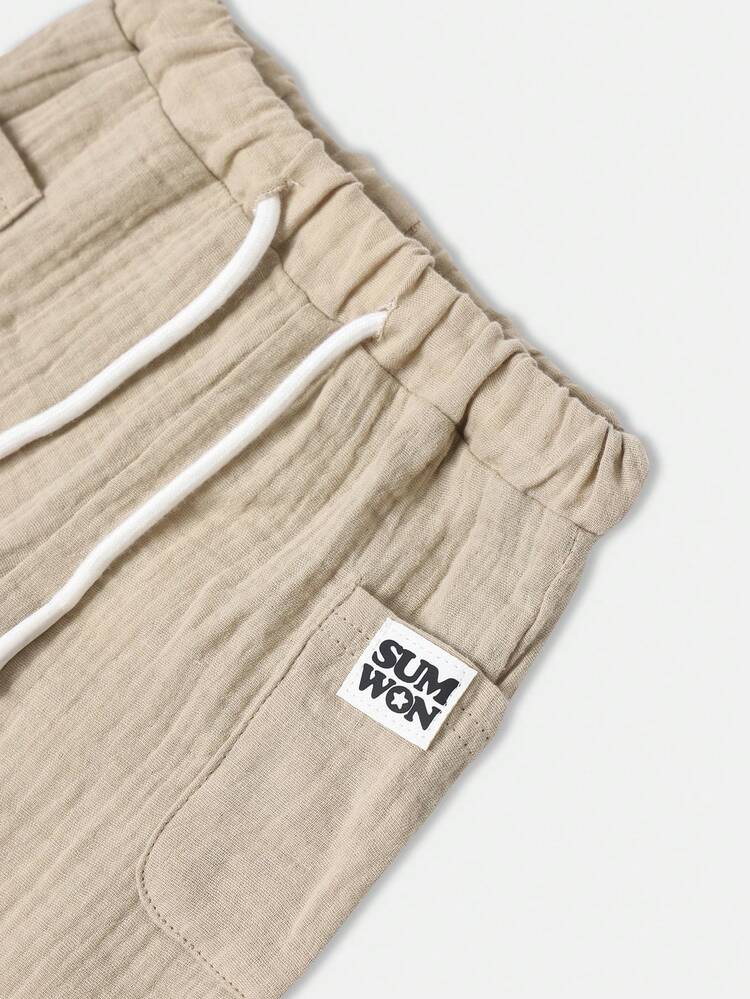 Textured Linen Feel Pull On Pants With Drawstring Waist