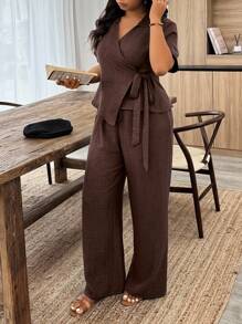 Weeklong Plus Size Women Solid Color Wrap Tie Front Top And Shorts Casual 2 Pieces Set