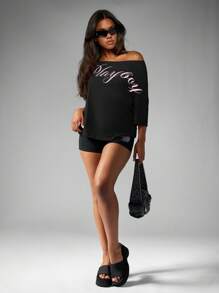 Missguided x Playboy Off Shoulder Script T Shirt Contemporary Design Relaxed Fit Ladies Fashion Street Style Three Quarter Sleeve Casual Loungewear - Black - View 3