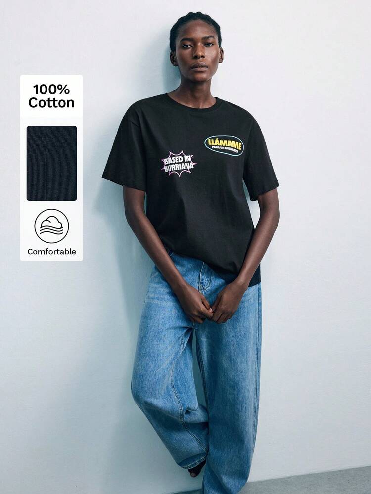 SHEIN X ArenalSound SHEIN Maija Women Casual Letter Graphic Round Neck Short Sleeve T-Shirt, Summer Black Graphic Tee, Vintage Graphic Tees Baggy T-Shirt Streetwear Festival Rave