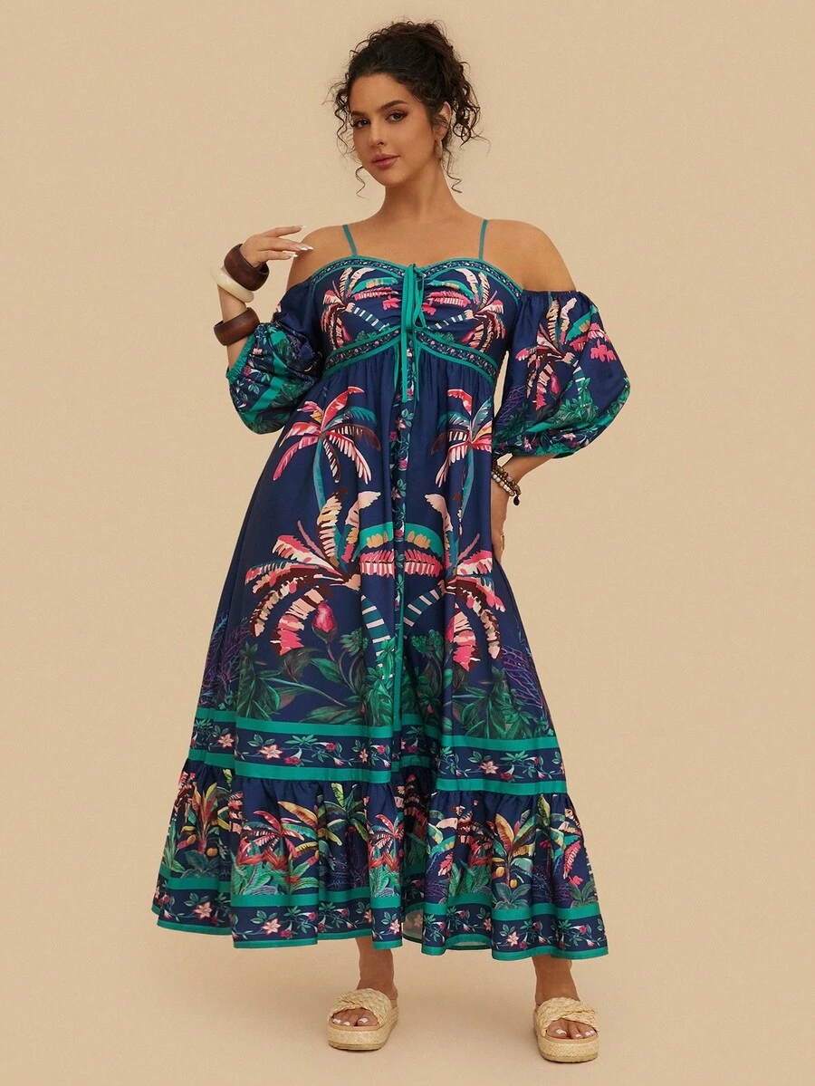 Levarali Plus Size Women's Vintage Boho Casual Bohemian Style Tropical Plant Print Long Dress Beach Vacation Party Navy Blue Summer