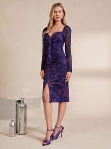 Amorya Women's Elegant Heart Neck 3D Floral Print Long Sleeve Slim Fit Mid-Length Dress, Autumn New Year Women's Outfit  Party Dress Clothes For New Year Women's Halloween Costume - Purple - View 7