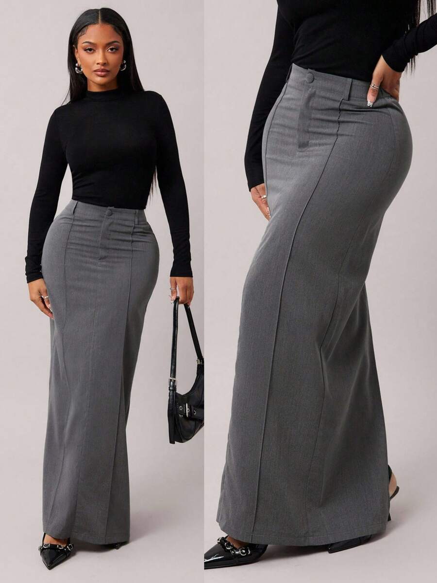 Radiana 女士灰色复古优雅简约修身直筒裙，通勤百搭 - 灰色 - 查看 1