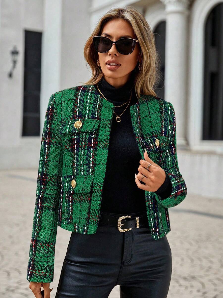 SHEIN Clasi 秋冬休闲时尚街头通勤百搭长袖女士大衣 - 綠色 - 查看 1