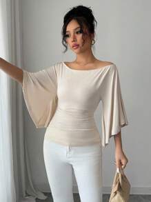 Selianne Camiseta elegante de mujer con cuello de barco y manga acampanada de punto - Albaricoque - Ver 3