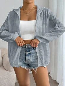 SHEIN Essnce 秋冬女士休闲纯色纹理连帽夹克 - 霧霾藍 - 查看 3