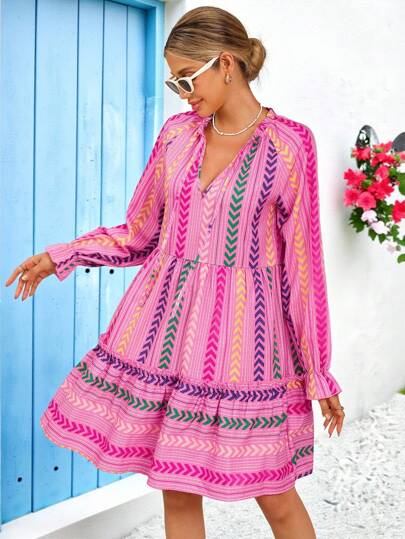 Vivid Eden Women's V-Neck Long Sleeve Geometric Print Frill Trim Dress, Autumn/Winter,Women's Long-Sleeved Fall Dress,Homecoming Dress,Christmas Clothes,Teacher Outfits For Women ,Going Out Dress,Basic Dress,Colorful Striped Dress, Boho Dress,Flowy Dress ,Long-Sleeved Loose-Fitting Dress