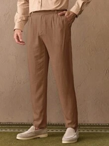 Mainfolk Men's Casual Woven Tapered Suit Pants Brown Dress Pants Pleated Pants High Waisted Pants Manfinity Pants Designer Pants, Old Money - Khaki - View 6