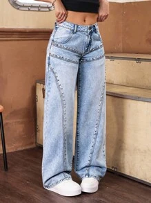 SHEIN PETITE 女式铆钉口袋宽腿宽松休闲牛仔裤 - 藍色 - 查看 1