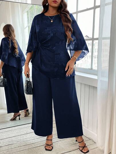 Reflora Conjunto de 2 piezas de top y pantalones de pierna ancha de unicolor elegante para mujer de talla grande