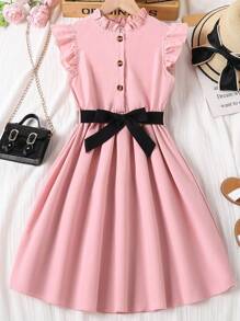 Tween Girl Frill Neck Ruffle Trim Belted Dress - Pink - View 7