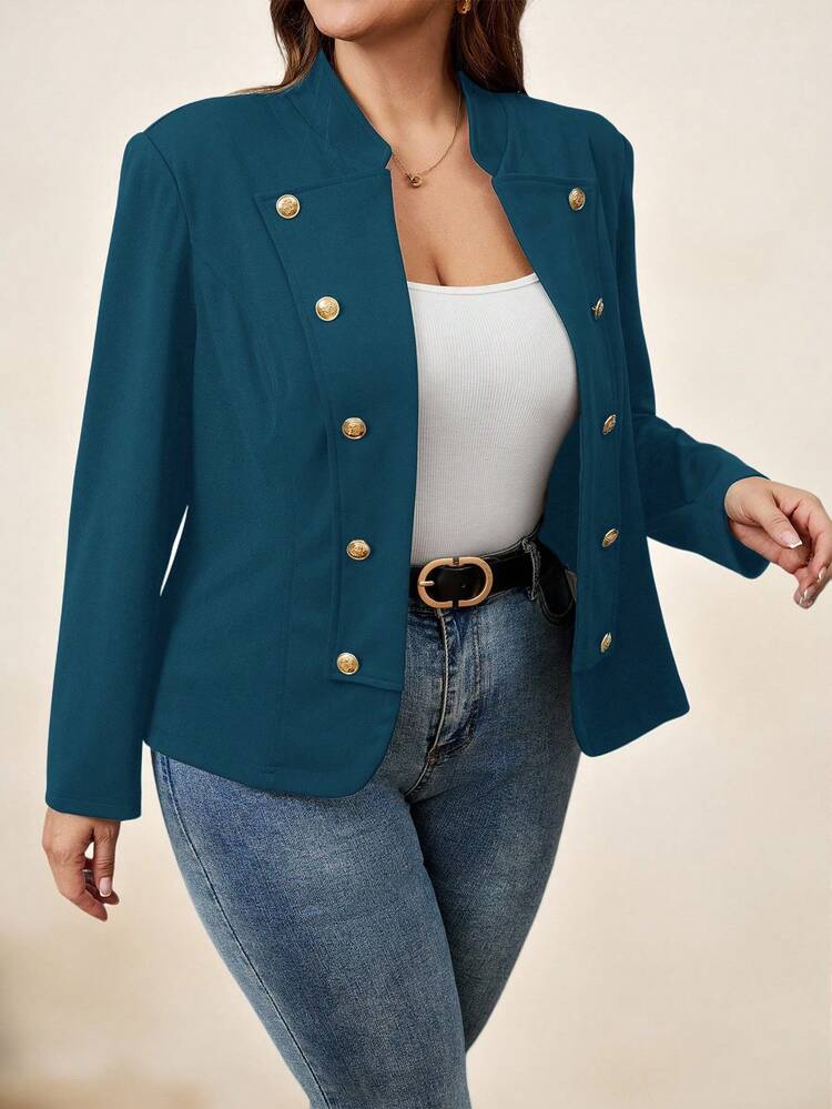 SHEIN Clasi Plus Size Elegant Commuter Solid Color Double-Breasted Jacket Winter Fall Autumn - Cadet Blue - View 6