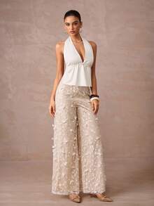 Lumalex 2件套缎面紧身胸衣腰部高腰超大长款3D花卉刺绣女士套装 - 杏色 - 查看 7