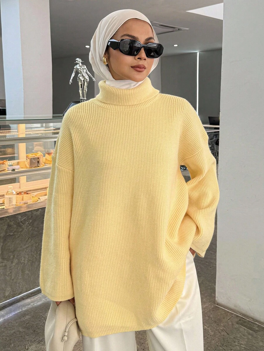 DAZY Women's Solid Color Drop Shoulder Long Sleeve Loose Casual Sweater, Autumn/Winter,Fall Women Clothes Turtleneck Women Modest Fashion School - Yellow - View 1