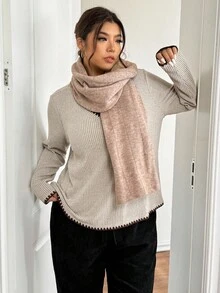 Lounesse 女式加大码V领撞色边长袖T恤 - 卡其色 - 查看 4