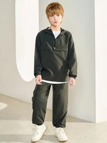 SHEIN 2pcs Tween Boy Half Zip Hoodie Jacket & Jogger Pants Set, Casual Sports Style For Fall/Winter