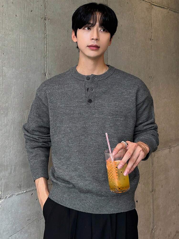 Men's Half-Zip Round Neck Dark Grey Floral Knit Sweater, Autumn