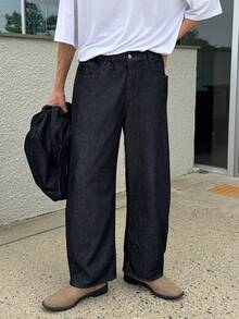 DAZY 海军蓝男士长袖单排扣棒球领夹克和裤子休闲牛仔套装，秋季