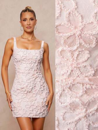 Lumalex 亮片刺绣花卉装饰低胸方领吊带背心束腰女式迷你连衣裙