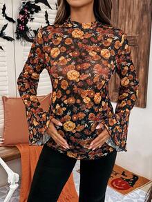 SHEIN Maternity Floral Pattern Elegant Trumpet Long Sleeve T-Shirt,Women's Boho Autumn Black Top,Babyshower Halloween Costume Bell Sleeve Fall Blouse - Orange - View 4