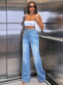 EURMUSE 100% Cotton High Waist Asymmetric Belt Wideleg Jean - Medium Wash - View 7