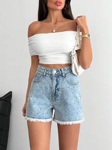 EURMUSE 高腰牛仔休闲短裤 蓝色 配宝石