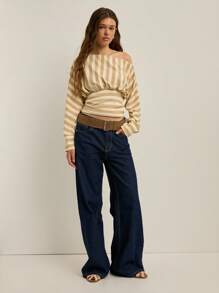 Nöista 女士秋季条纹蝙蝠袖收腰休闲时尚T恤，适合音乐节和办公室场合 - 卡其色 - 查看 2