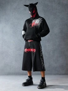 ROMWE MEN Anime Men's Fashion Spider Web Print Asymmetric Hoodie, Halloween - Black - View 6