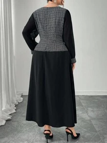 Modelyn Vestido Romântico Elegante de Xadrez Retalhos em Plus Size - Preto - Visão 2