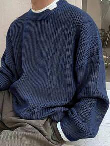 SHEIN 儿童/青少年男童休闲街头风格纯色圆领套头长袖针织毛衣，圣诞绿色，厚实保暖，适合秋冬季 - 寶藍色 - 查看 1