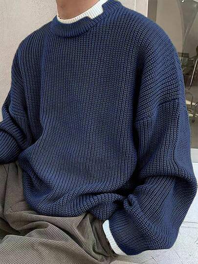 SHEIN Little Byeori Suéter de punto de cuello redondo de manga larga, unicolor, estilo casual de calle para niños/preadolescentes, verde navidad, grueso y cálido para otoño/invierno