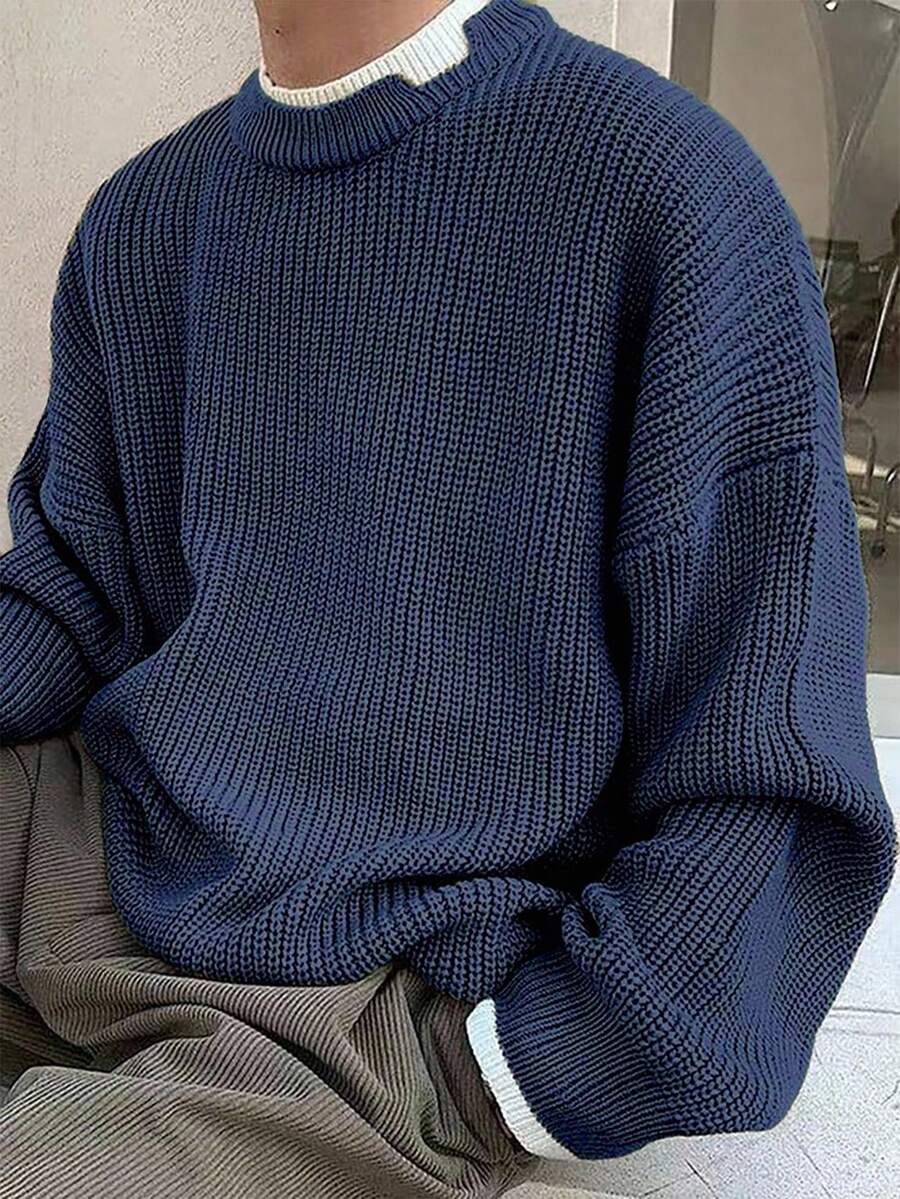 SHEIN 儿童/青少年男童休闲街头风格纯色圆领套头长袖针织毛衣，圣诞绿色，厚实保暖，适合秋冬季 - 寶藍色 - 查看 1