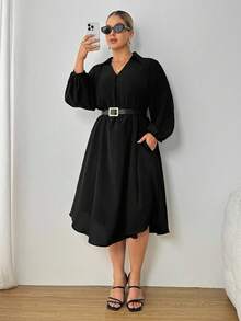 SHEIN PETITE CURVE 大码女式时尚休闲宽松舒适清凉日常黑色 V 领长袖中长连衣裙、保守连衣裙、女式教堂服装、老钱风格、女式端庄服装、曲线黑色连衣裙、春季服装娇小女装灯笼袖连衣裙大码黑色优雅连衣裙女式娇小连衣裙娇小曲线连衣裙 - 黑色 - 查看 7