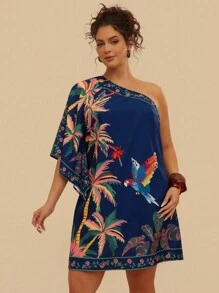 Travachic Váy ngắn in họa tiết cây nhiệt đới vai lệch cỡ lớn, màu xanh navy, phù hợp cho mùa hè và mùa thu - Màu xanh hải quân - Xem 1