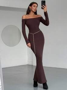 Aloruh 全新秋冬露肩修身针织长裙，优雅修身鱼尾毛衣裙 - 棕色 - 查看 8