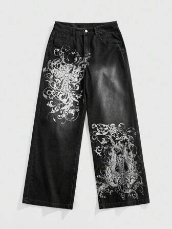 Goth Jeans de pierna ancha con estampado de cruz floral y estilo holgado de streetwear para hombre, estilo grunge