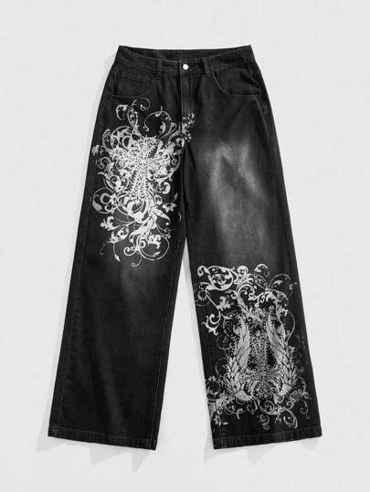 Goth Jeans larges streetwear amples pour hommes avec imprimé floral et croix, style grunge