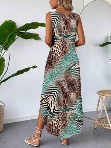 SHEIN LUNE 女士休闲豹纹和斑马纹V领长裙，适合夏季