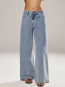 SHEIN ICON 休闲水洗宽松阔腿牛仔裤 - 淺色水洗藍 - 查看 5