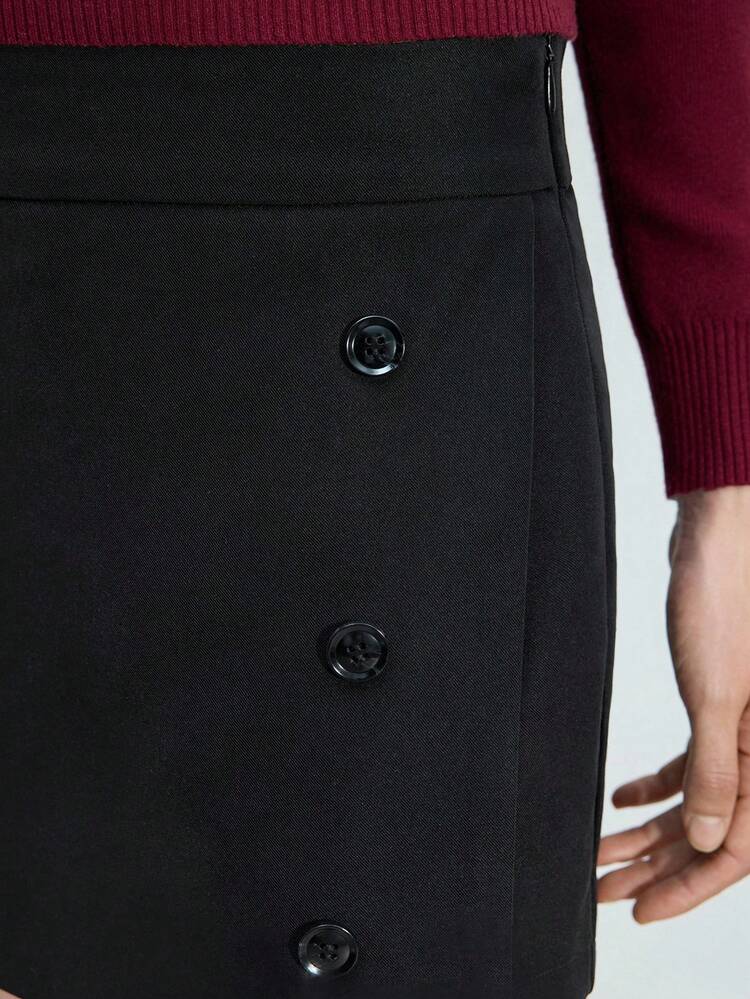SHEIN Maija Women's Casual & Commuting Solid Color Button Decor Mini Skirt Valentines Day,Festival