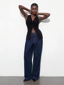 Maija Women's Spring Black Solid V-Neck Ruched Design Sleeveless Long Blouse, Resort Wear,Festival - Black - View 3