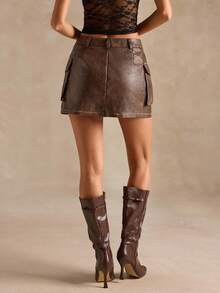 SHEIN BAE Váy mini thời trang túi hộp da PU cho nữ mùa thu, váy da giả đã giặt, da PU, váy da PU họa tiết loang lổ cho nữ - Màu Khaki - Xem 2