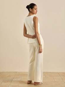 Airaco 2 件套女士无袖简约背心和裤子套装，适合日常休闲穿着 - 米色 - 查看 2