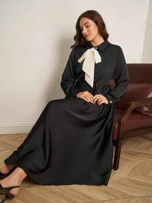 SHEIN Clasi Plus Size Women Acetate Satin Texture Black Dress,Autumn Elegant Formal Evening Tea Party Outfits,Modest French Style Business Professional Work Wear - Black and White - View 6