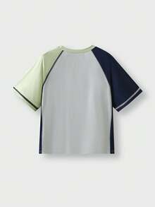 JNSQ Back To School Outdoor Sports Short Sleeve T-Shirt, Tween Girl Crew Neck Patchwork Contrast Color Funny Letter Print Sports Tee - Multicolor - View 10