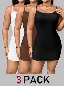 SHEIN Essnce 大码女装春夏时尚休闲舒适高弹力基础款日常百搭多色长款吊带背心3件装，外出上衣，夏季，度假，外出上衣，简约风格 - 彩色 - 查看 1