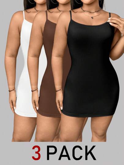 SHEIN Essnce Plus Size Women's Spring And Summer Fashion Casual Comfortable High Elastic Basic Daily Versatile Multi-Color Long Cami Top 3pack,Going Out Tops,Summer,Vacation,Going Out Tops,Minimalist Style