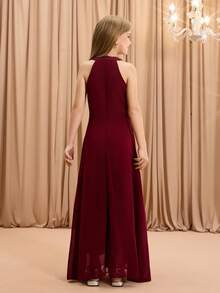 Elegant Luxurious Burgundy Round Neck Halter Long Fitted Mesh Dress For Tween Girl, Suitable For Evening Party, Wedding, Birthday, Holiday, Back To School, Christmas, Halloween And Other Occasions - Burgundy - View 2