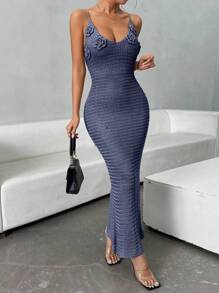 Islaluna Women's Solid Color 3D Floral Decor Fitted Elegant Camisole Knit Dress Knitted Sweater