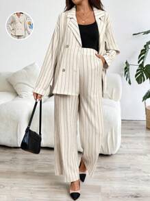 SHEIN Bộ 2 món gồm áo khoác dài tay cổ ve áo kẻ sọc và quần dài, thích hợp mặc thường ngày cho bà bầu. - Màu Khaki - Xem 3